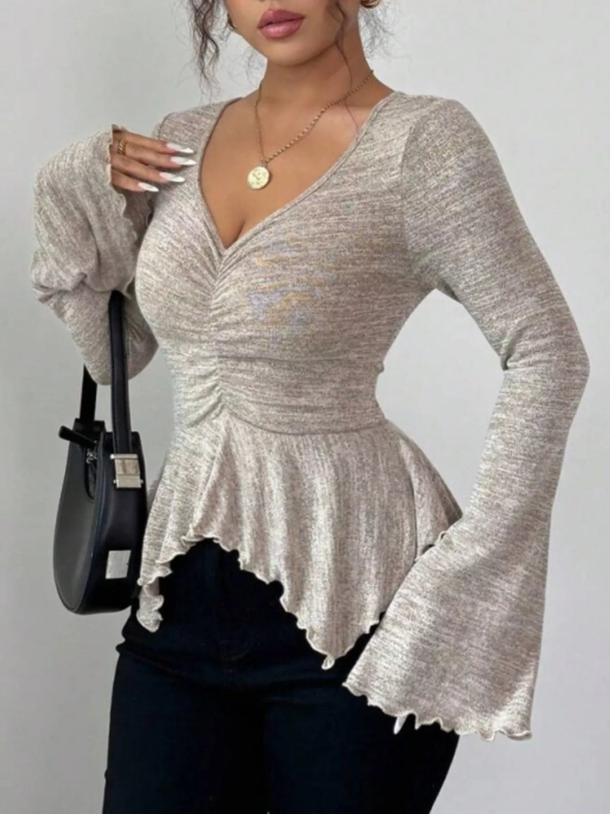 Ruched Flared Sleeves Peplum T-Shirt