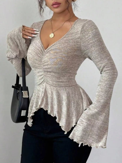 Ruched Flared Sleeves Peplum T-Shirt