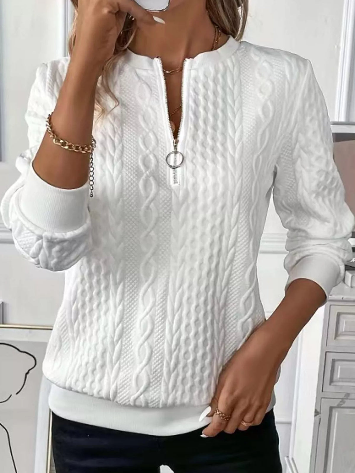 Full Size Quarter-Zip Cable Knit Sweatshirt Plus Size