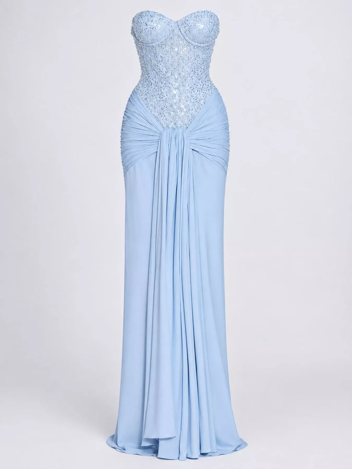 Elegant Strapless Sequin Corset Maxi Dress with Draped Waist Detail