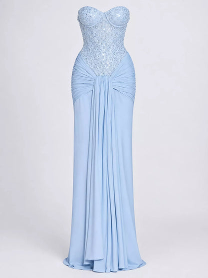 Elegant Strapless Sequin Corset Maxi Dress with Draped Waist Detail
