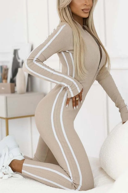 Women's Slim Fit Side Web Half-Zip Jumpsuit Beige S