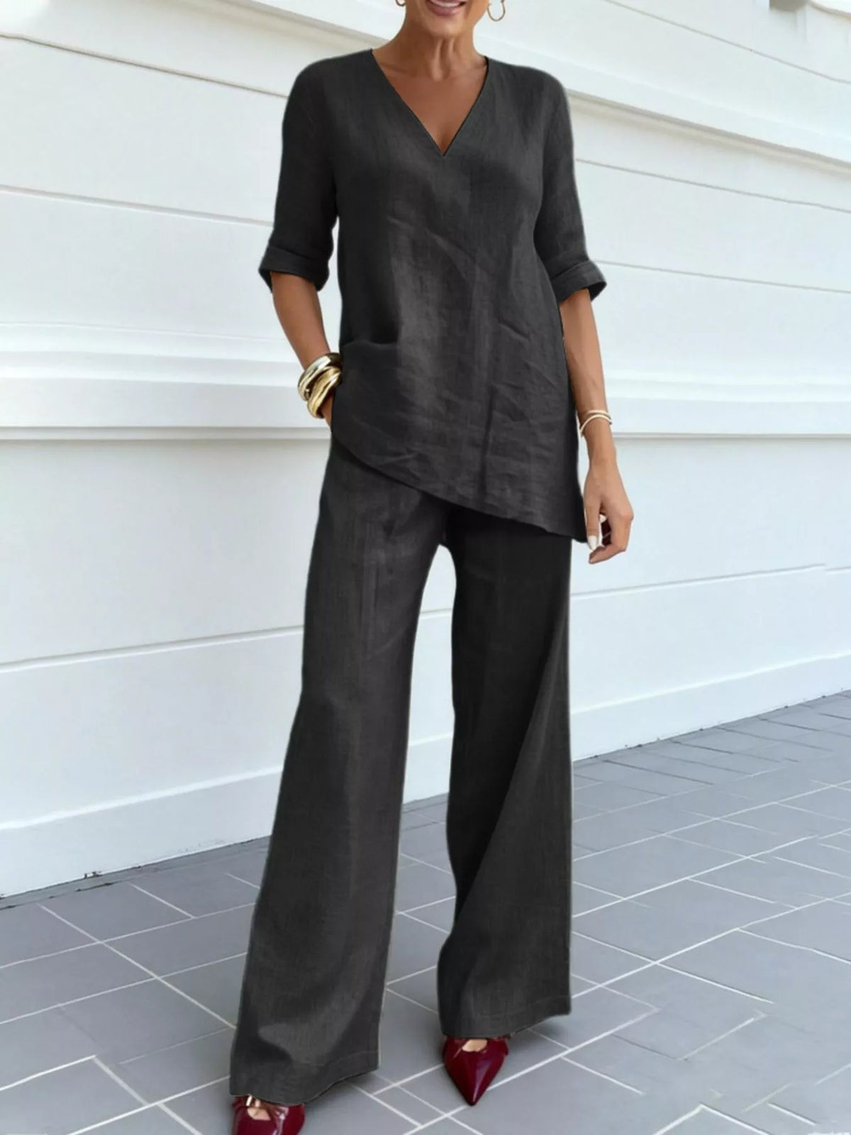 Full Size V-Neck Half Sleeve Top and Pants Set Plus Size