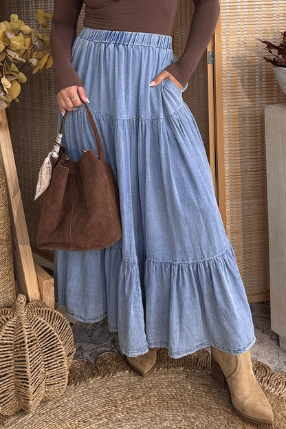 Beau Blue Elastic Waist Ruffled Tiered Flared Denim Maxi Skirt
