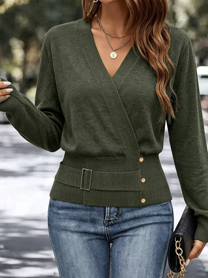 Surplice Elastic Waist Long Sleeve Knit Top