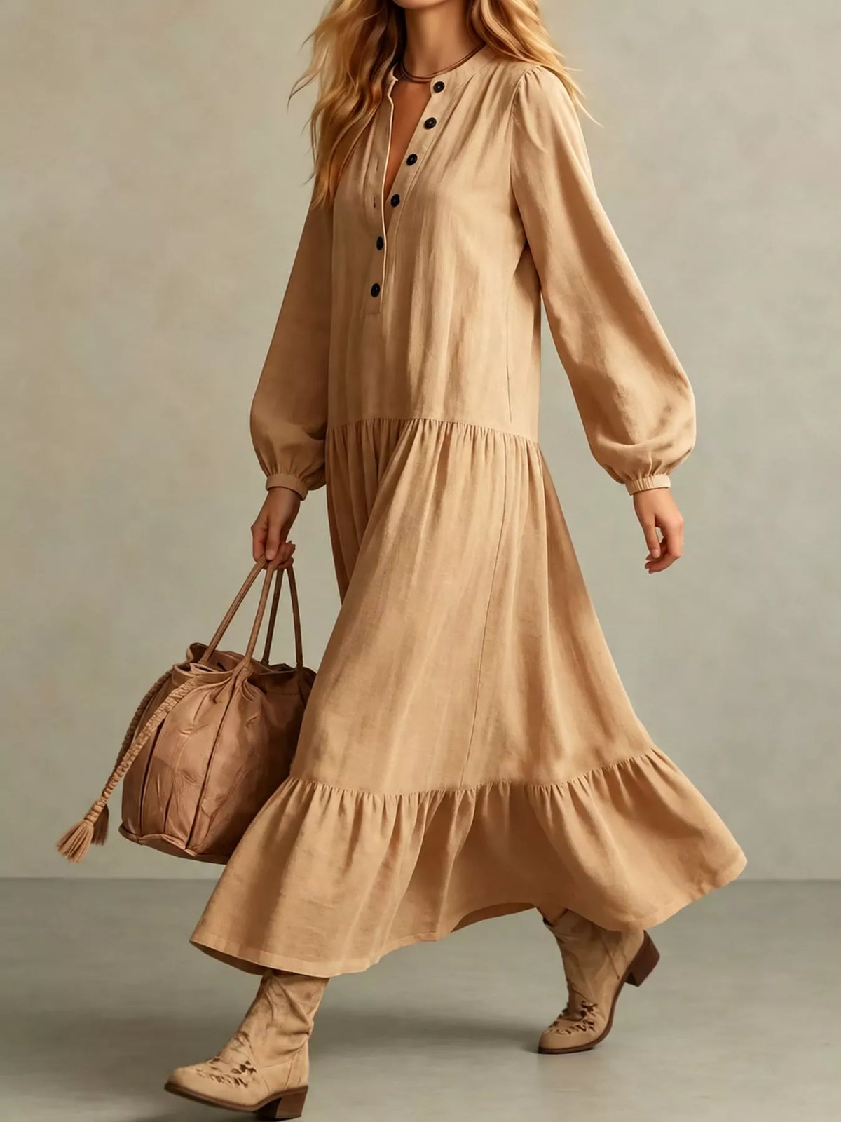 Button Front Tiered Maxi Dress