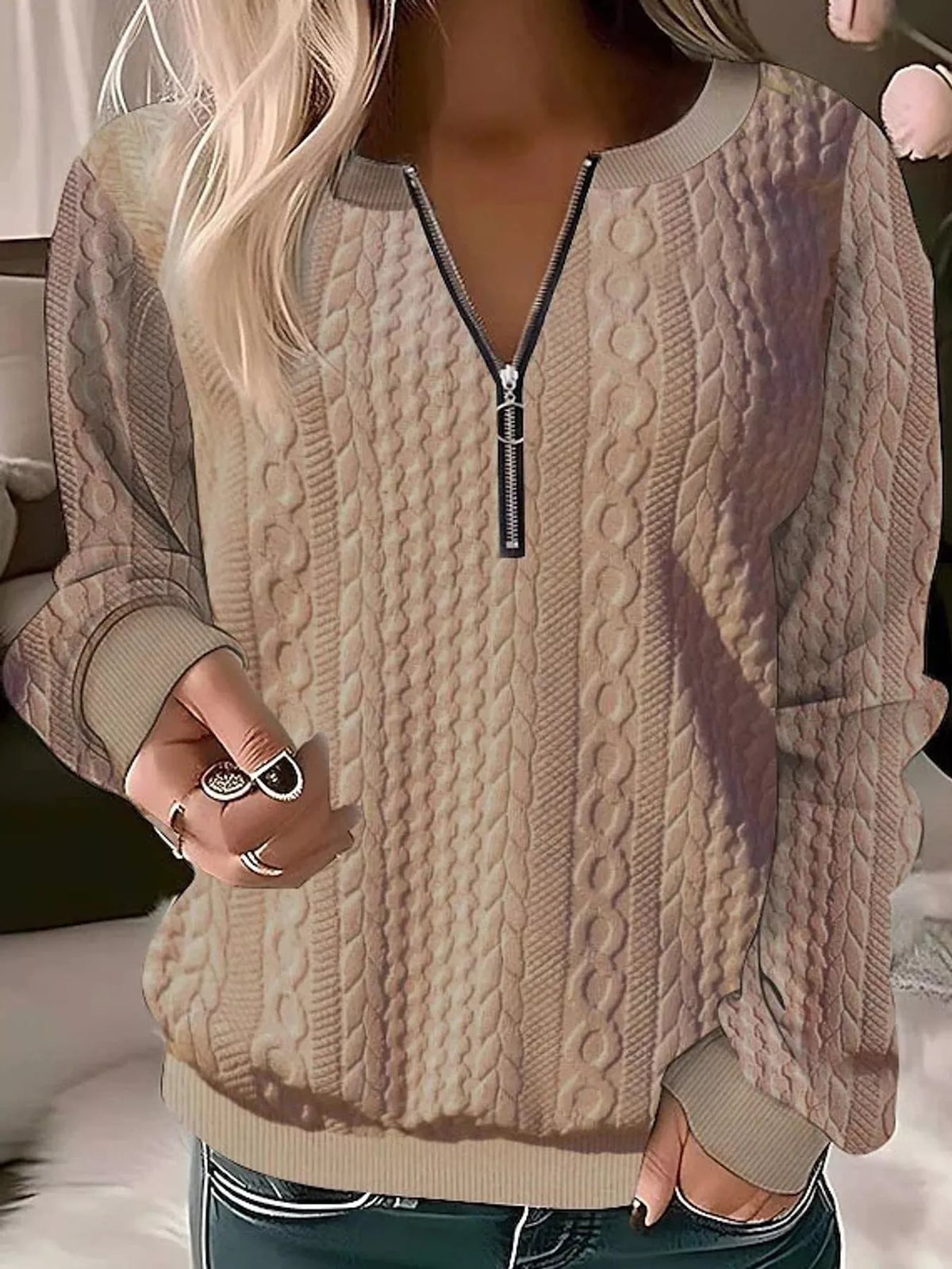 Full Size Quarter-Zip Cable Knit Sweatshirt Plus Size