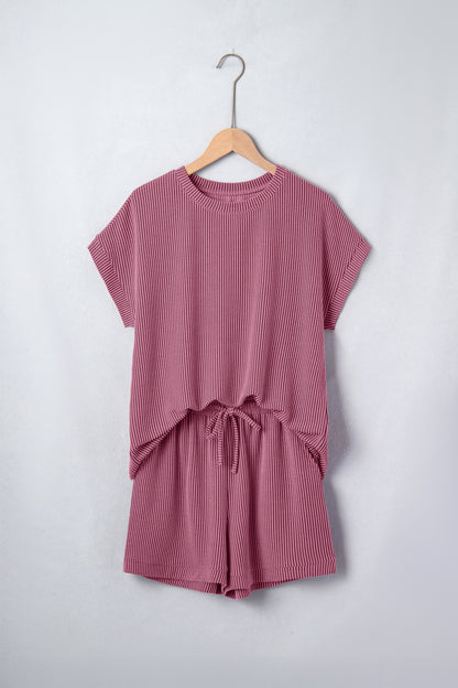 Pitaya Pink Twisted Ribbed Loose Tee Drawstring Elastic Waist 2pcs Short Set