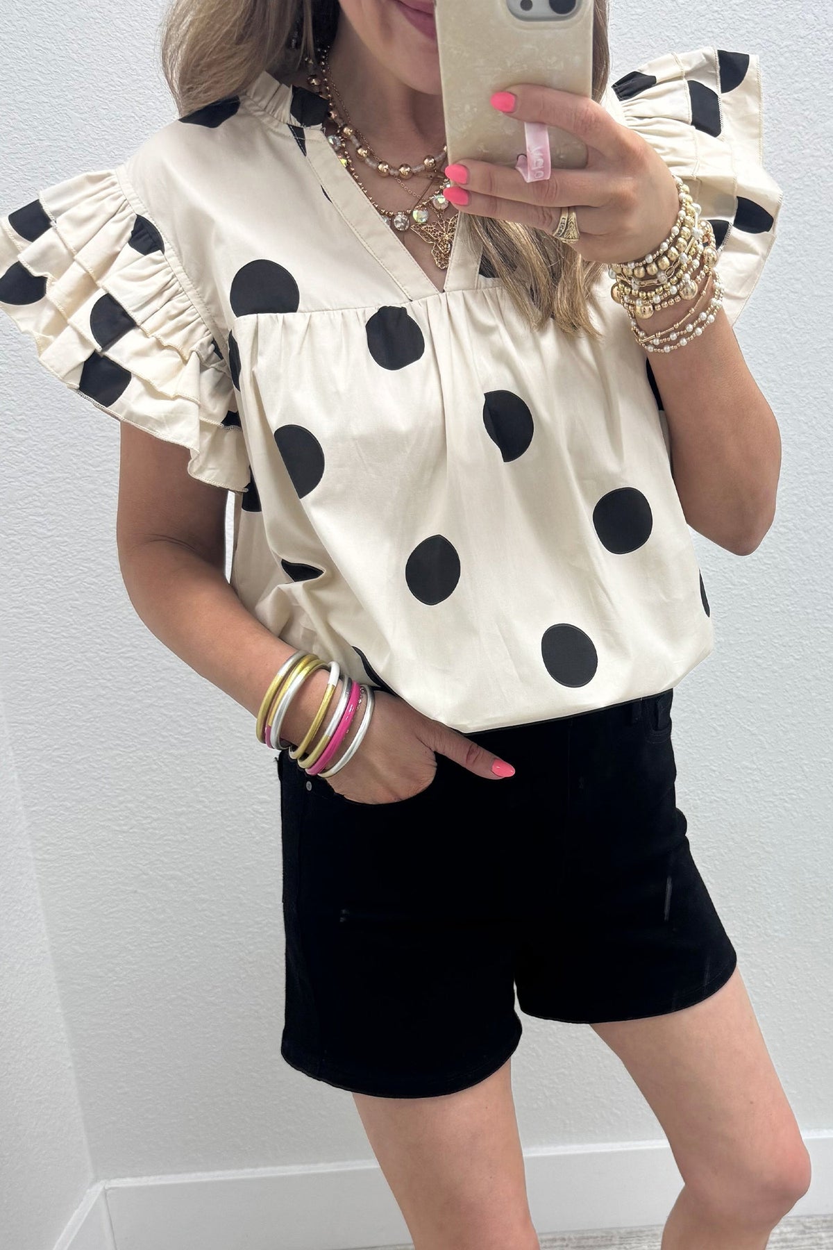Apricot Casual Polka Dot V-Neck Ruffle Short Sleeve Shift Blouse