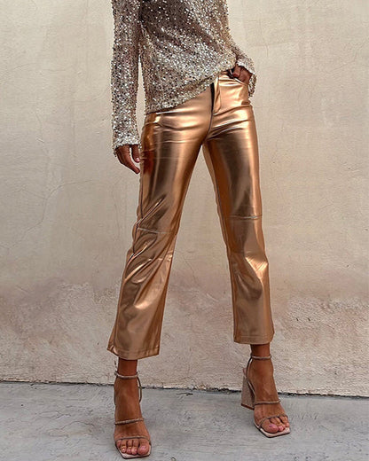Clidress Metallic PU Leather Straight Pants