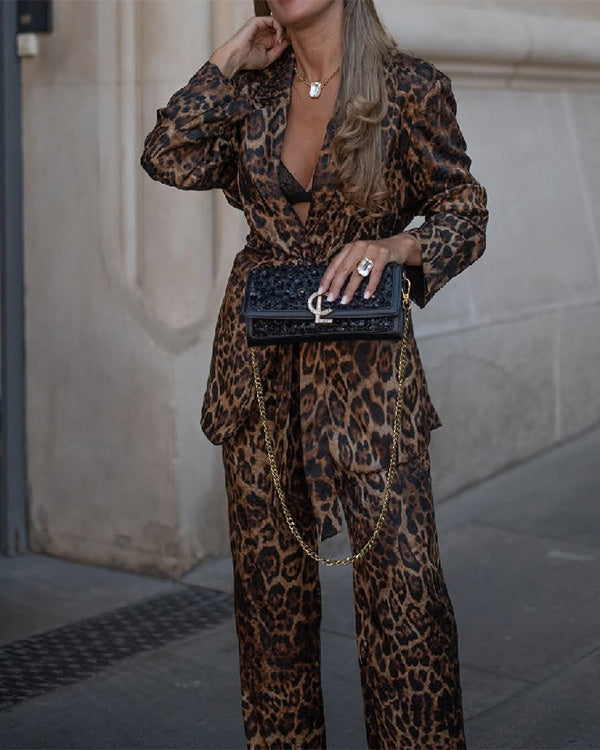 Clidress Leopard Suit Blazer and Pants 2 Pieces Set