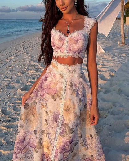 Clidress Boho Chic Floral Top& Skirt Set