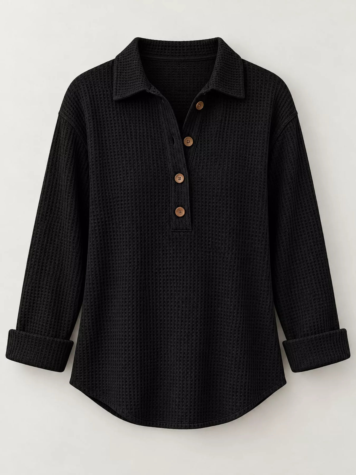 Full Size Waffle Knit Long Sleeve Polo Top Plus Size