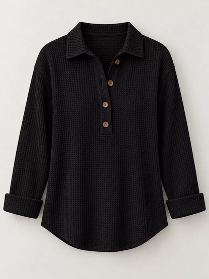 Full Size Waffle Knit Long Sleeve Polo Top Plus Size