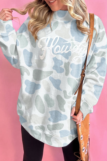 Pink Camo Print Howdy Western Style Baggy Pullover Sweatshirt
