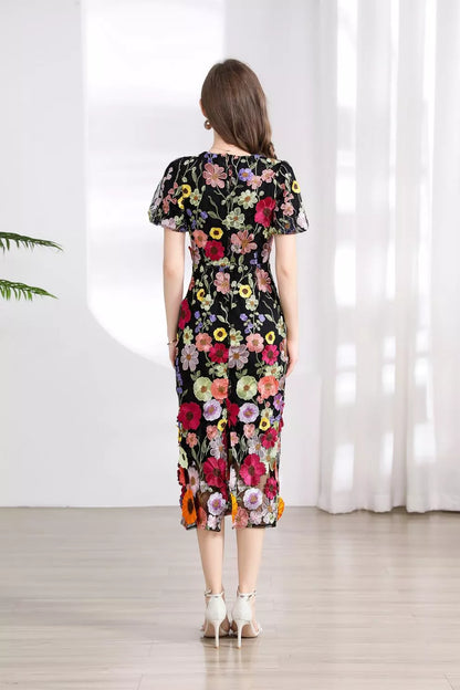 Floral Embroidered Puff Sleeve Midi Dress