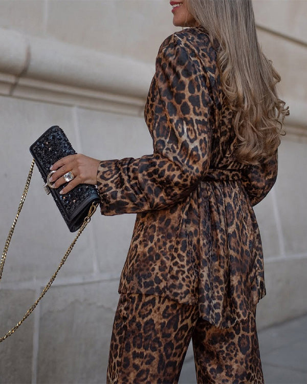 Clidress Leopard Suit Blazer and Pants 2 Pieces Set