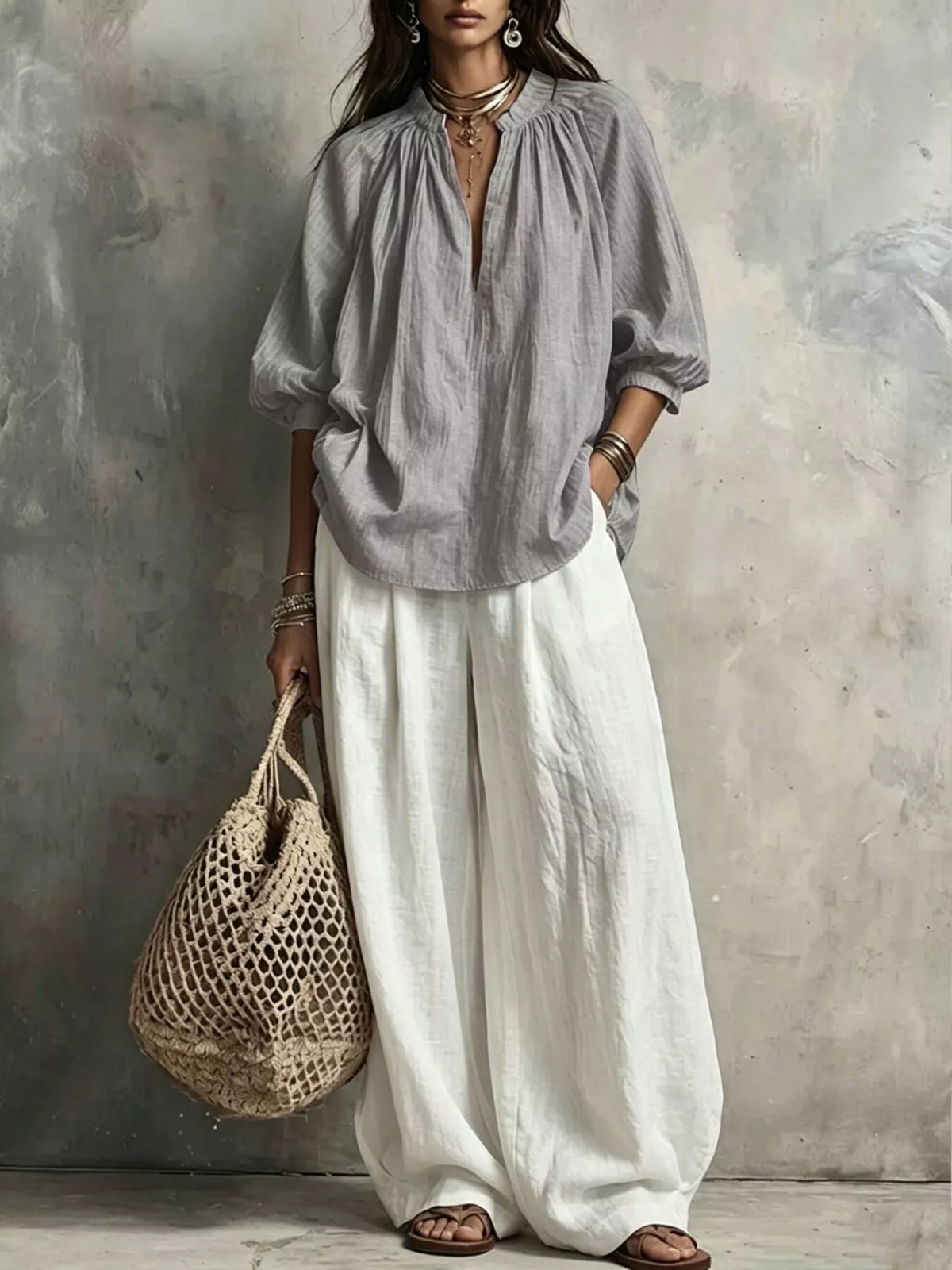Notched Blouse and Wide-Leg Pants Set