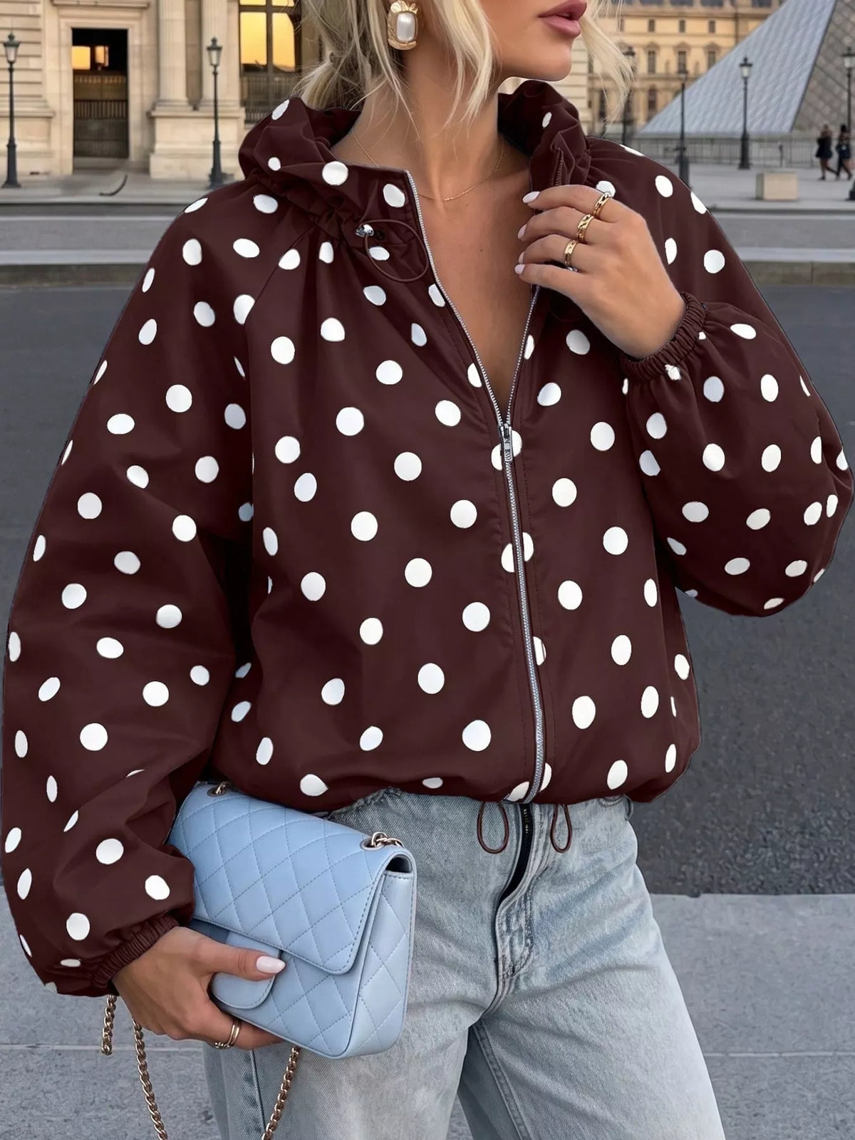 Polka Dot Zip Up Hooded Jacket
