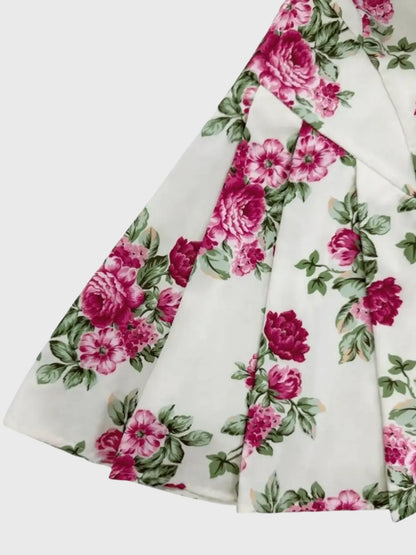 Pleated Floral Print Square Neck Mini Dress