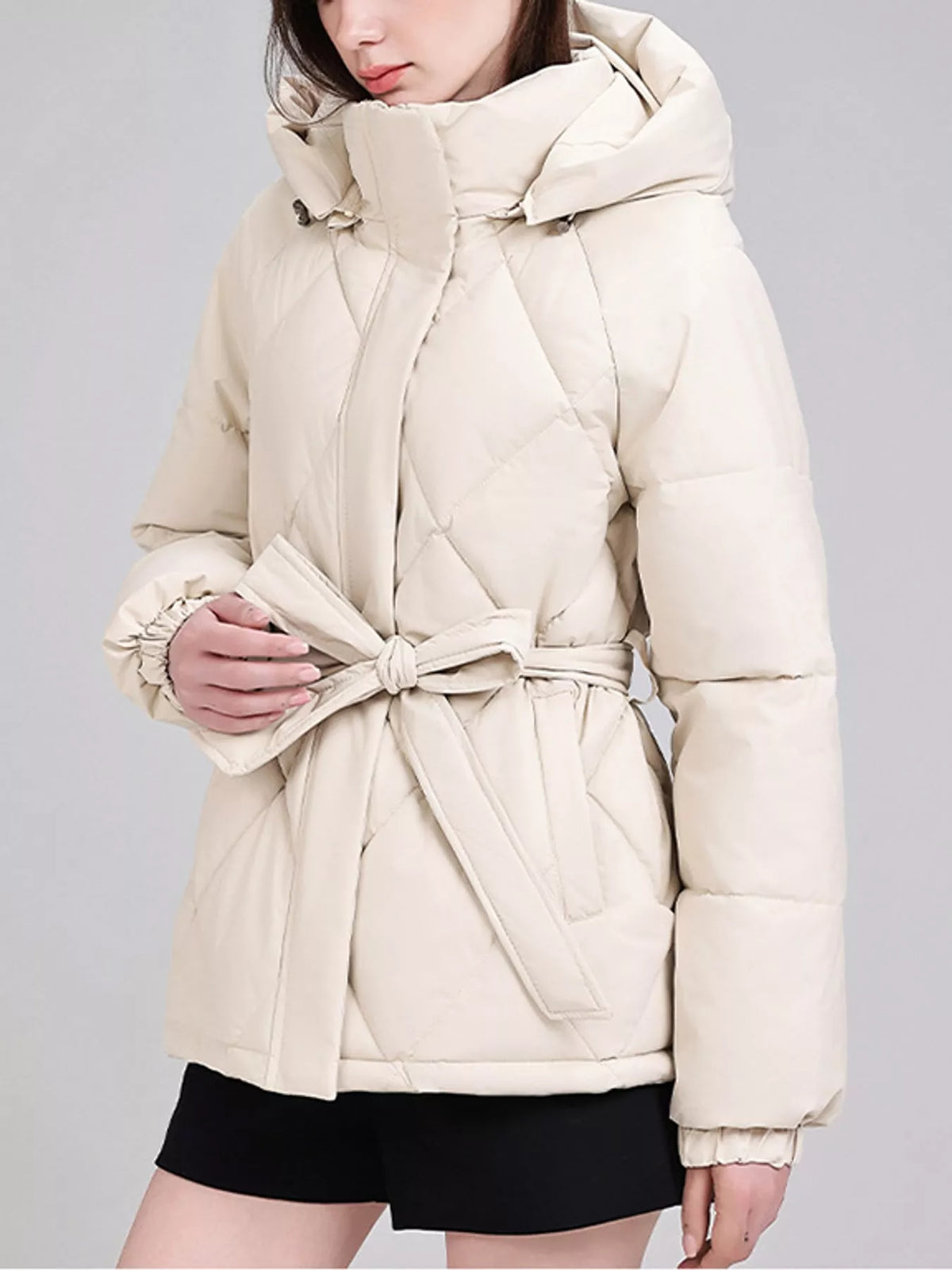 Quilted Waist Belt Hooded Puffer Outerwear