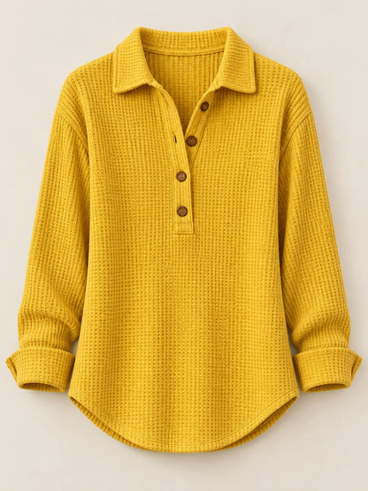 Full Size Waffle Knit Long Sleeve Polo Top Plus Size