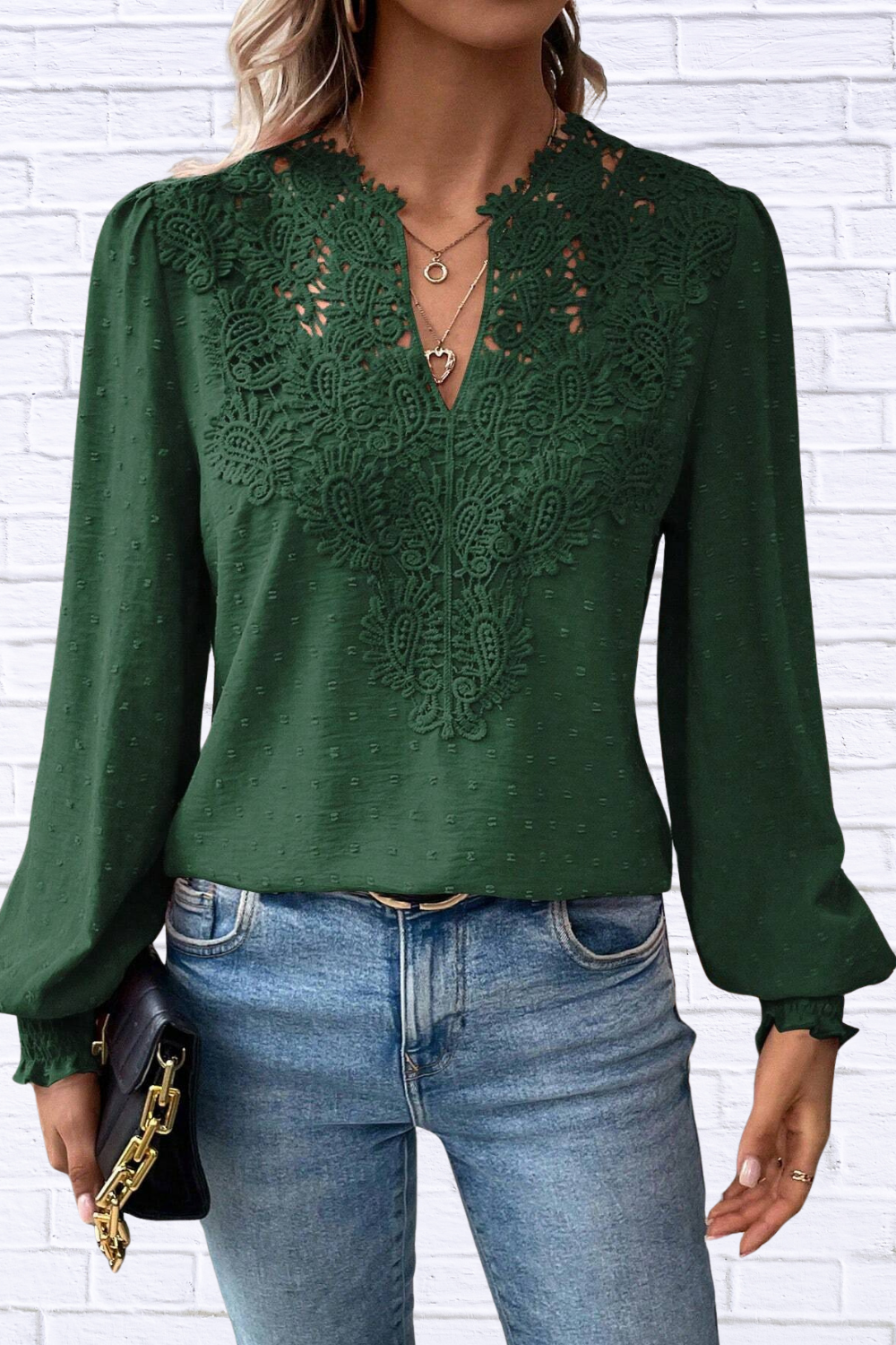 Swiss Dot Lace Detail Long Sleeve Blouse Black Forest