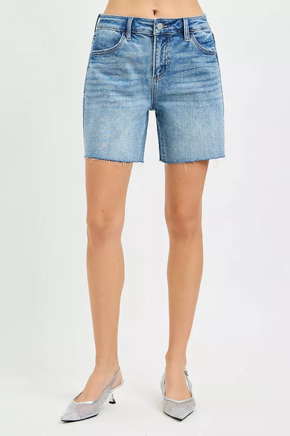 RISEN Slouchy Mid Length All Over Rhinestones Shorts
