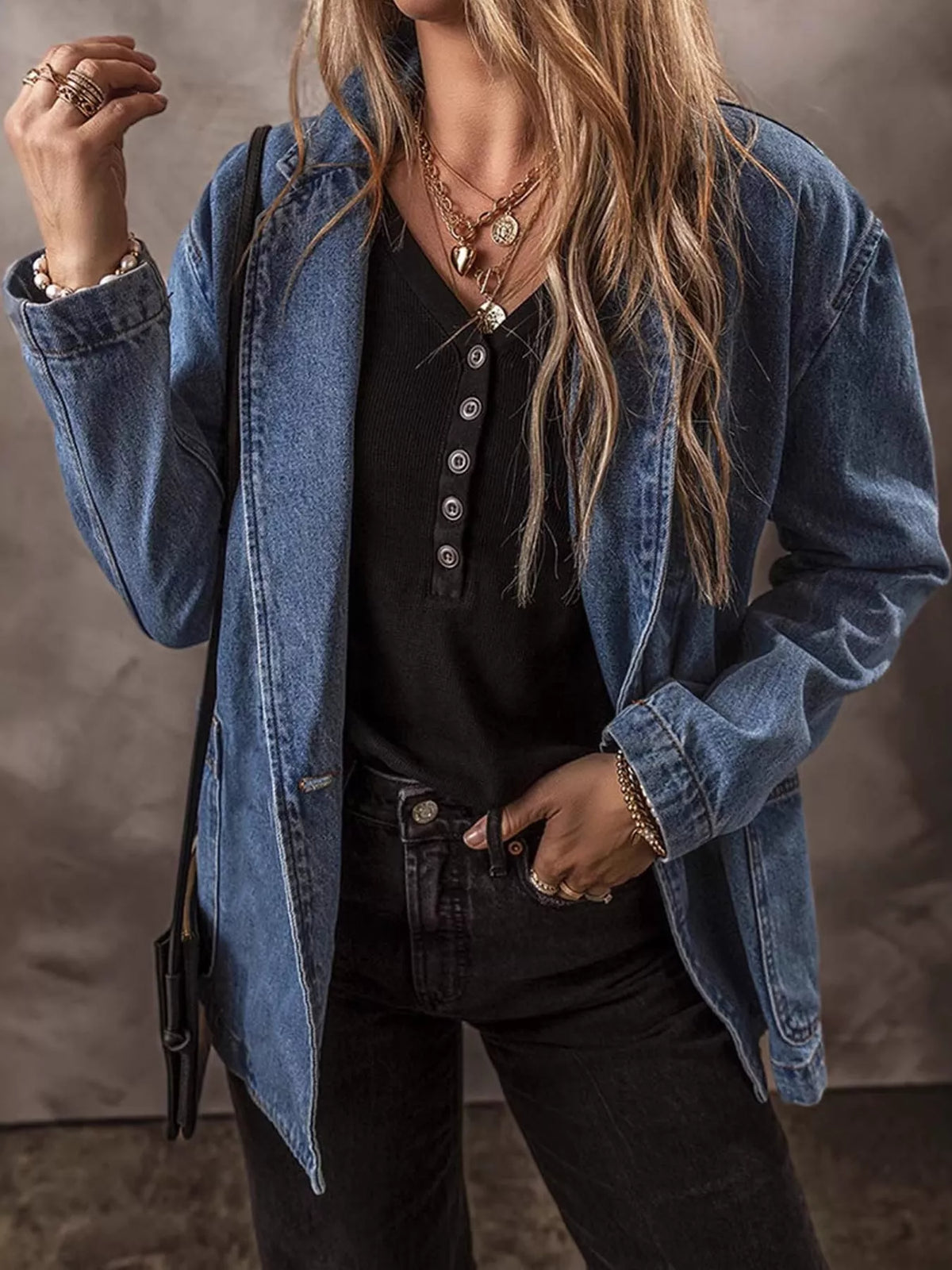 Full Size Casual One-Button Denim Blazer Jacket Plus Size