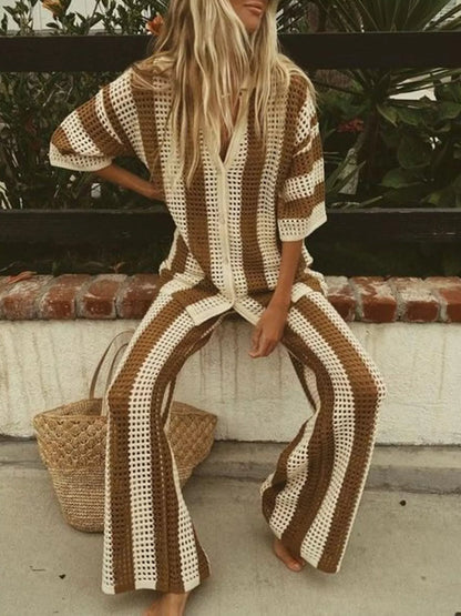 Striped Crochet Knit Shirt and Pants Set