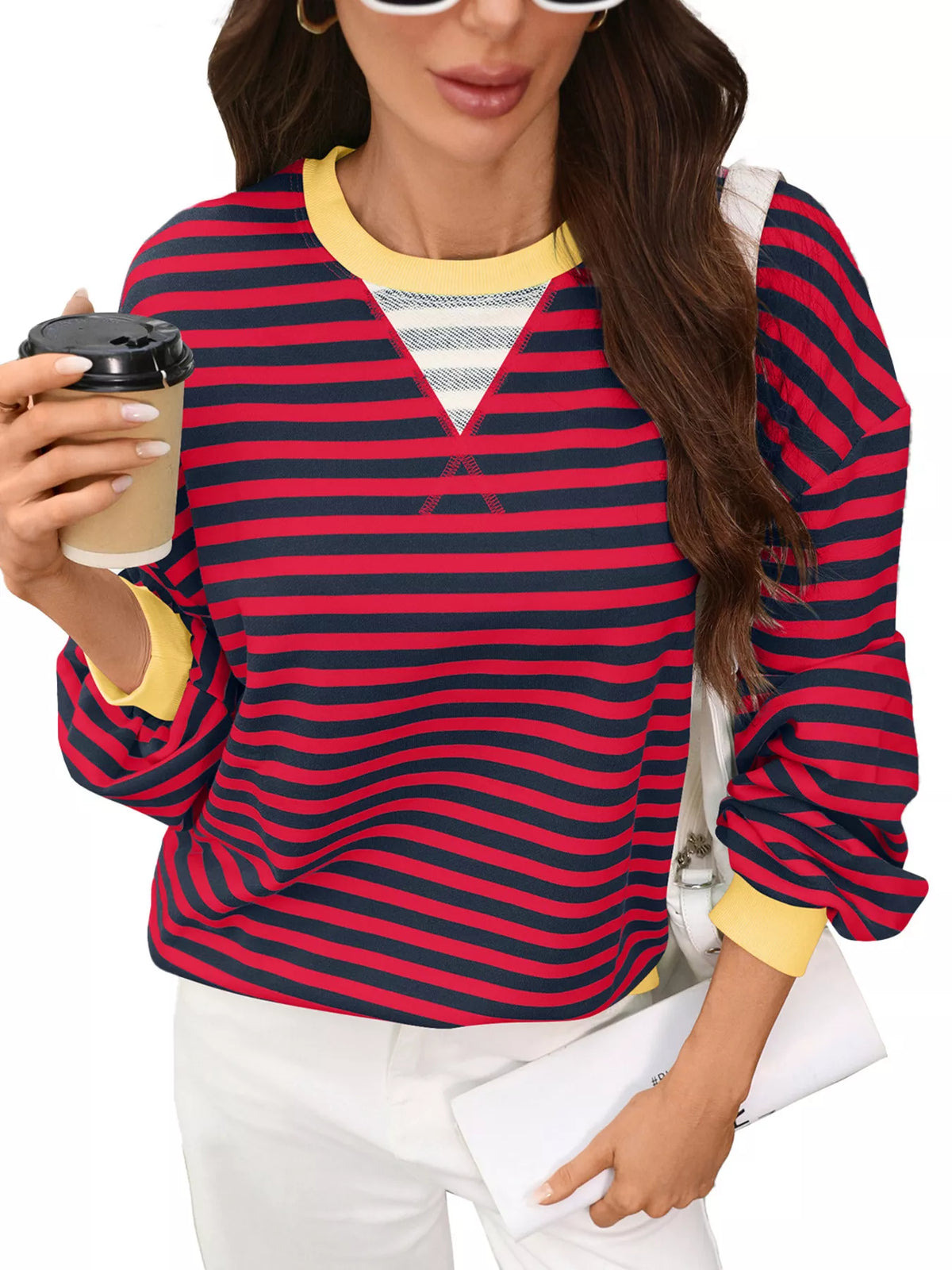 Contrast Trim Striped Crew Neck Sweatshirt