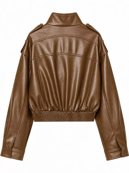 Faux Leather Cropped Bomber Jacket