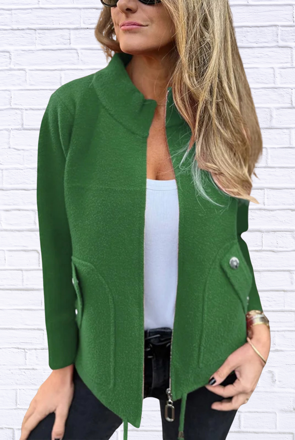 Full Size Textured Knit Zip Up Outerwear Plus Size Green