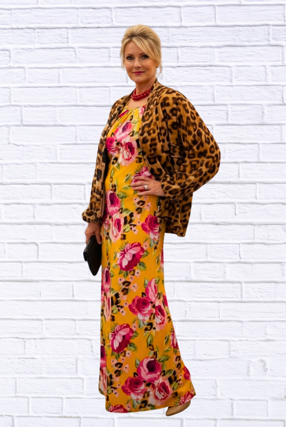 Demi Column Maxi Dress - Tangerine/Cerise Pink / Animal Combo 38 all over floral