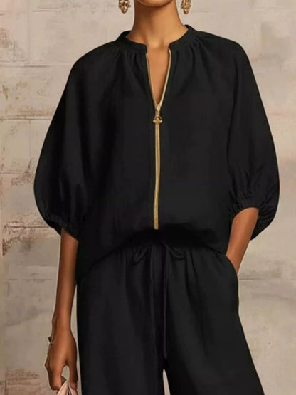 Full Size Zip-Front Top and Wide-Leg Pants Set Plus Size