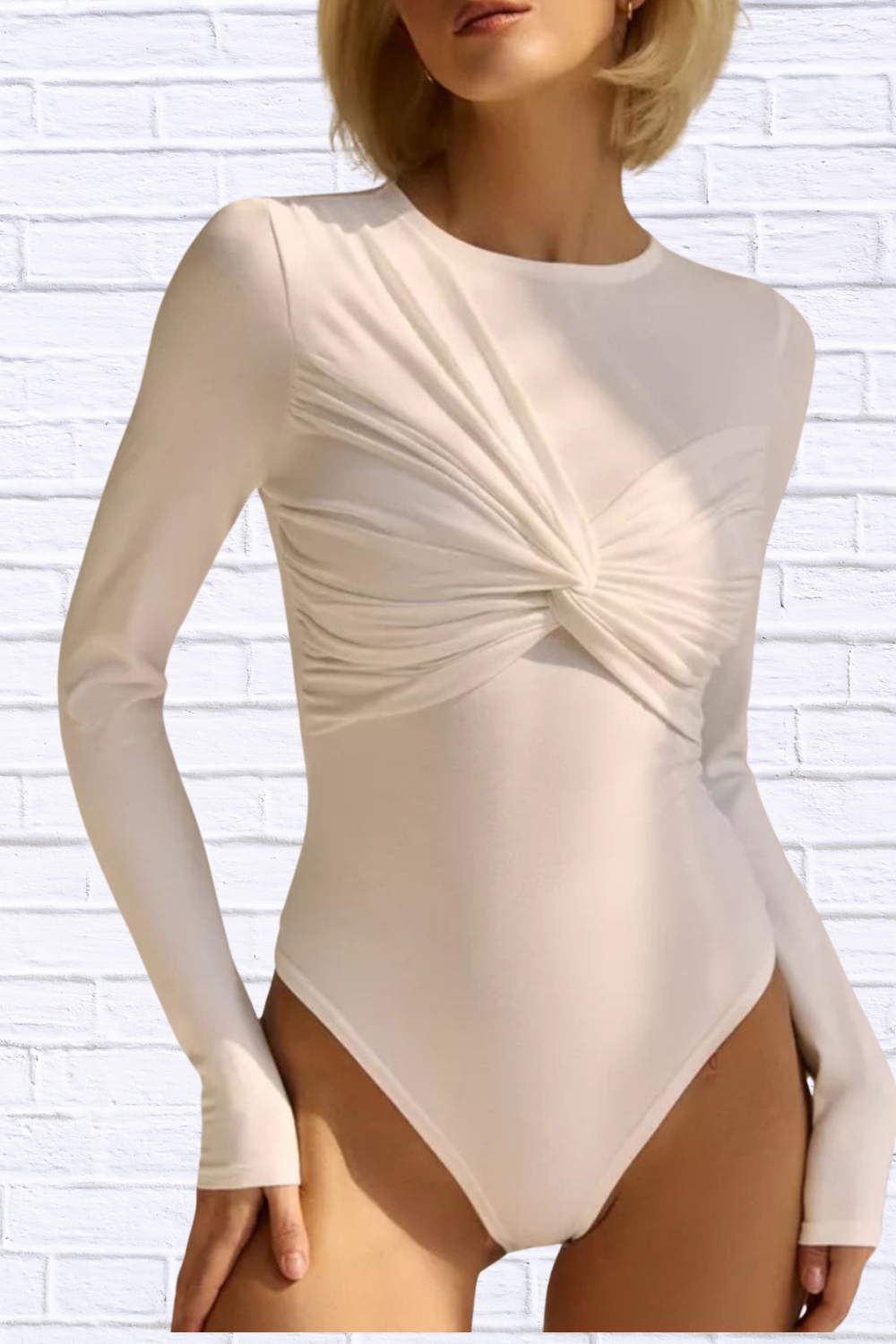 Twist Front Long Sleeve Bodysuit White