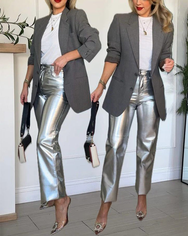 Clidress Metallic PU Leather Straight Pants