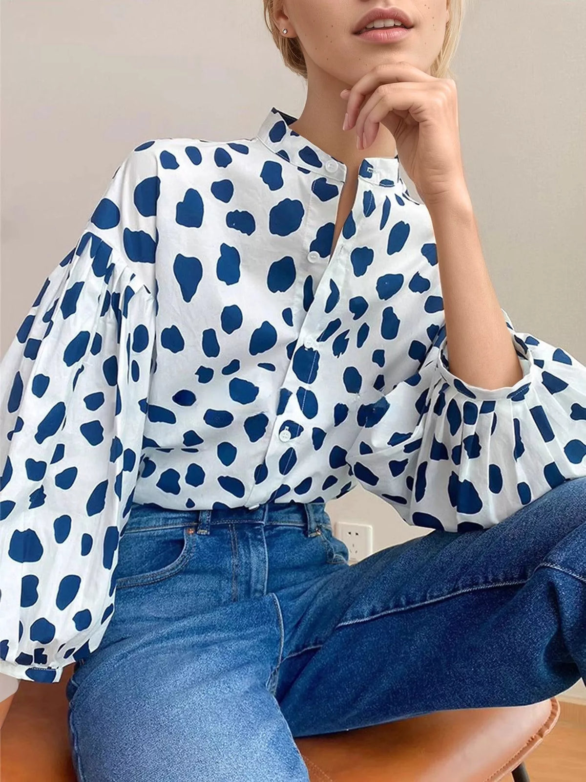 Printed Puff Sleeve Button-Down Shirt