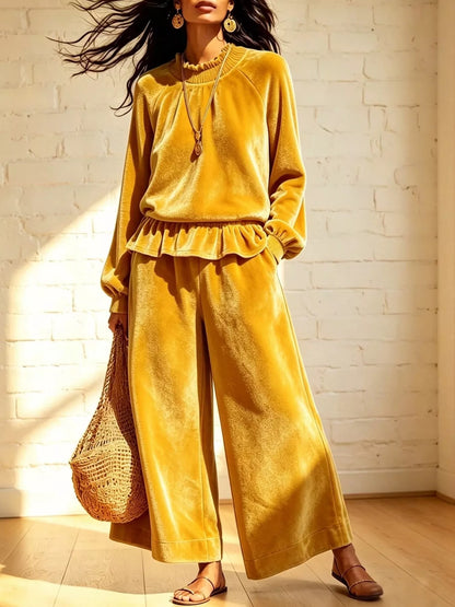 Velvet Ruffled Hem Top and Wide-Leg Pants Set