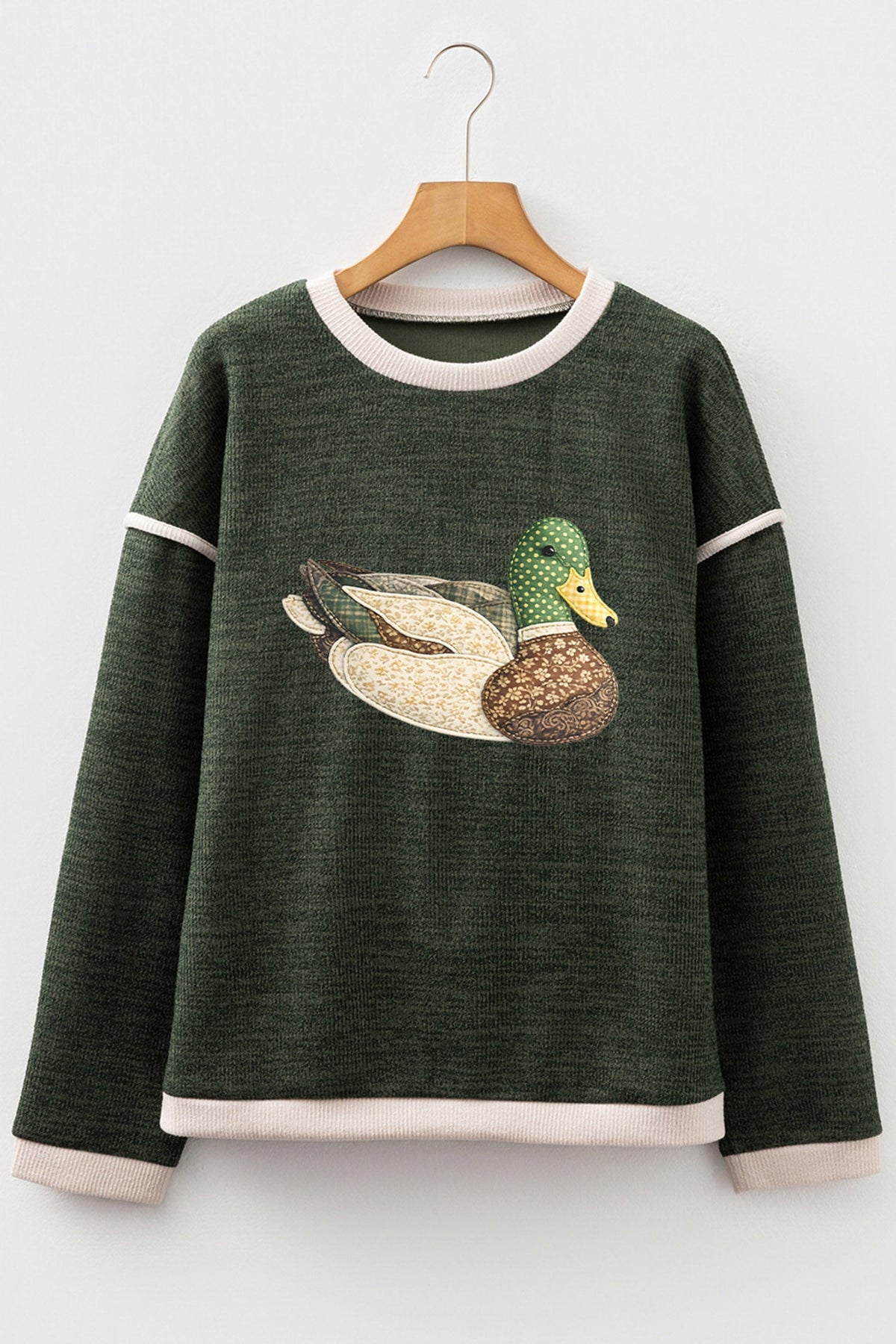 Four Leaf Clover Mallard Duck Graphic Contrast Trim Patchwork Casual Knit Top