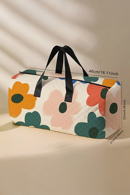 White Flower Print Quilted Large Duffel Bag