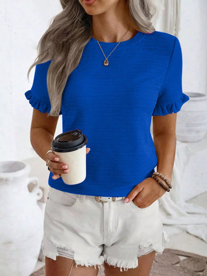 Textured Ruffle Sleeve Round Neck T-Shirt