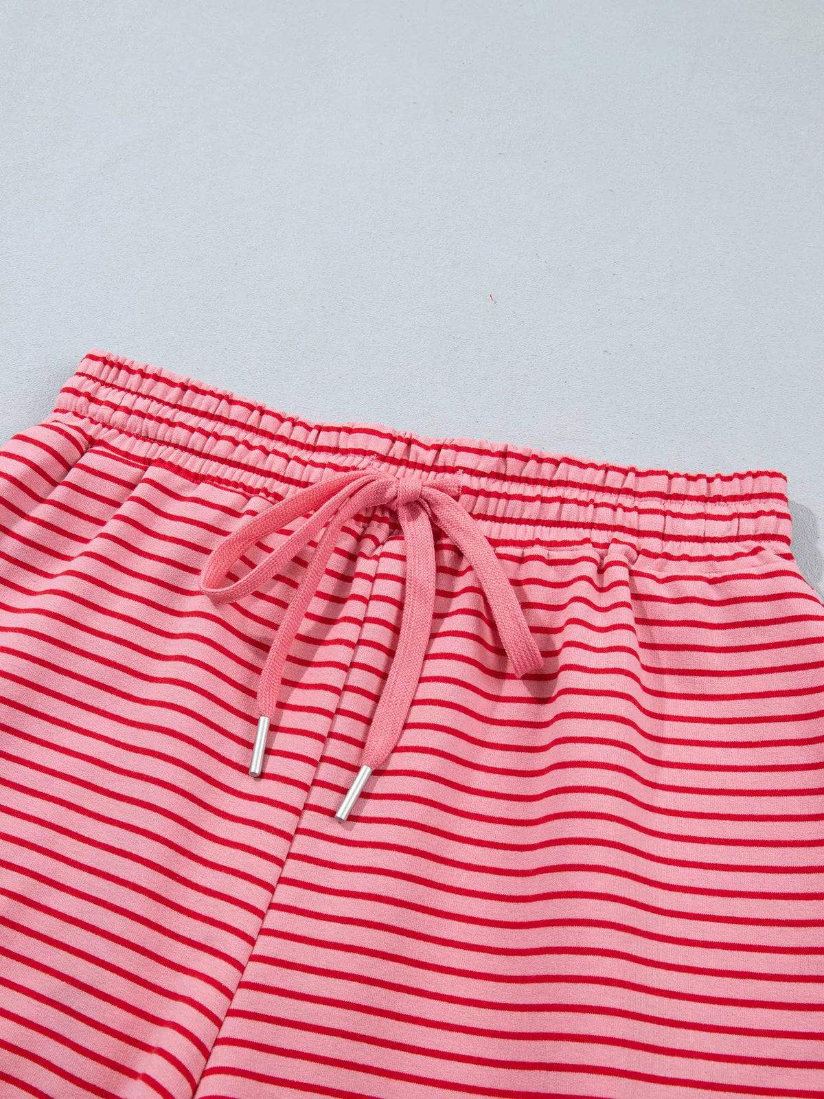 Stripe Ribbed Patchwork Mock Neck Baggy Pullover Matching Shorts Set