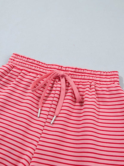 Stripe Ribbed Patchwork Mock Neck Baggy Pullover Matching Shorts Set