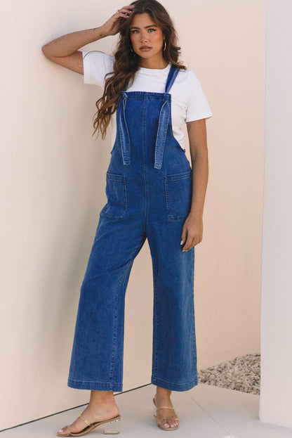Prussian Blue Mineral Wash Knotted Strap Patched Pocket Wide Leg Denim Overall