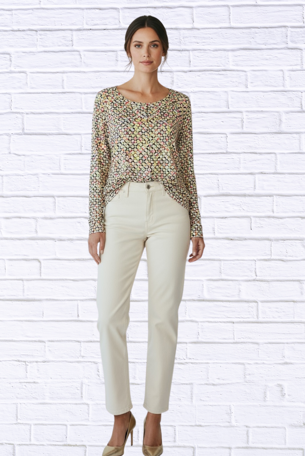 Floral Geometric Print Long Sleeve Woven Blouse – Lightweight Round Neck Tunic Top for Women