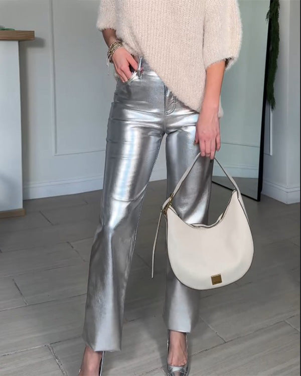 Clidress Metallic PU Leather Straight Pants