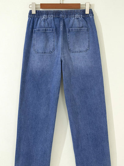 Drawstring Waist Ankle Length Casual Jeans Regular Fit Pocket Detail Jeans