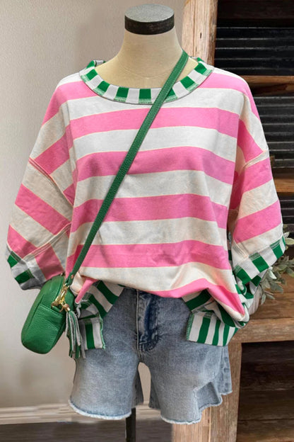 Pink Stripe Exposed Seam Contrast Patchwork Oversized Top