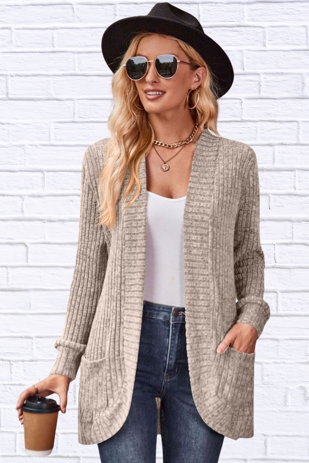 Ribbed Open Front Long Cardigan with Pockets Apricot